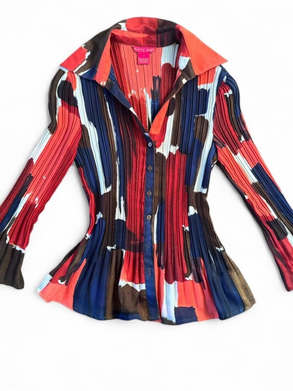 Sunny Leigh Pleated Button-Down Top in Red, Blue & Brown
